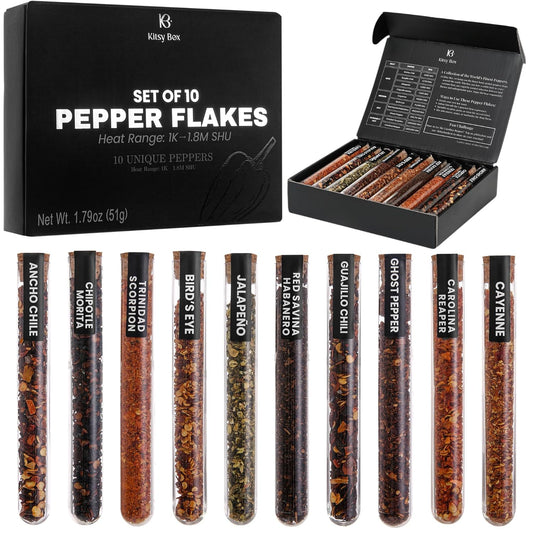 Gourmet Variety Pepper Flakes Gift Set, 10 Levels of Heat (1K–1.8M SHU) - Kitsy Box -