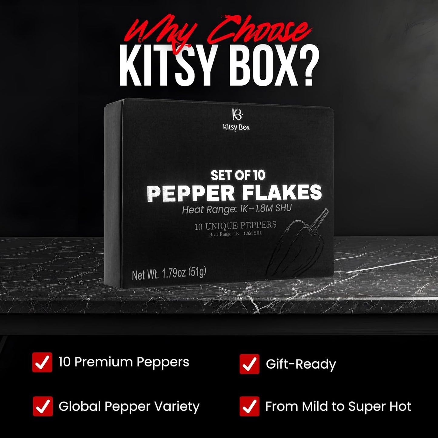Gourmet Variety Pepper Flakes Gift Set, 10 Levels of Heat (1K–1.8M SHU) - Kitsy Box -