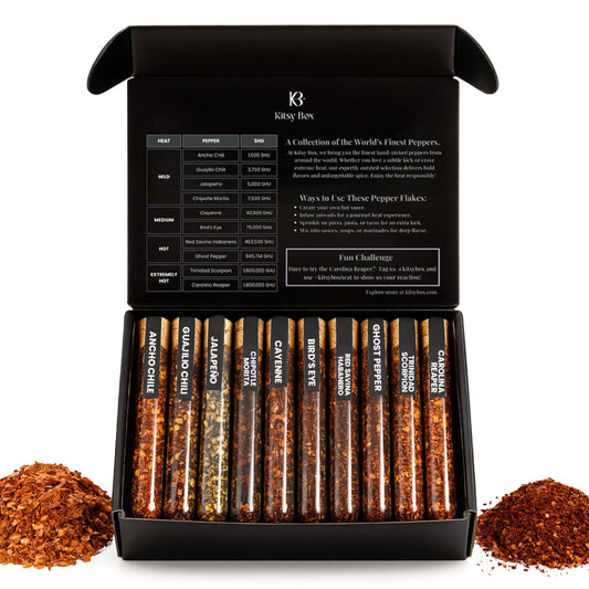 Crushed Red Pepper Flakes Variety Pack - Dried Chili Flakes (Mild to Hot Peppers) 10 Pack - Kitsy Box - 