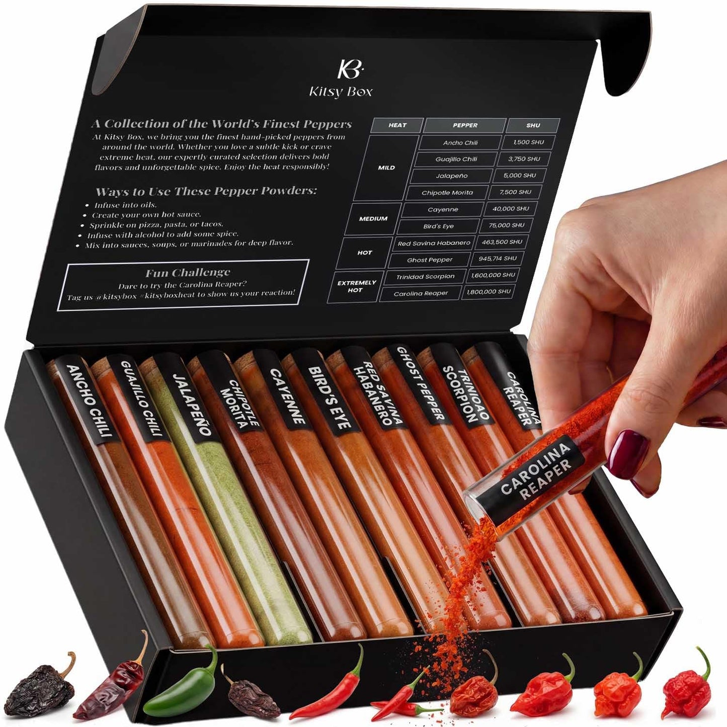Dried Chili Pepper Flakes & Powder Variety Set – 10 Premium Varieties - Spice Set - Kitsy Box - 