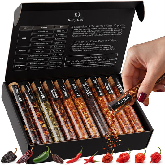 Dried Chili Pepper Flakes & Powder Variety Set – 10 Premium Varieties - Spice Set - Kitsy Box - 