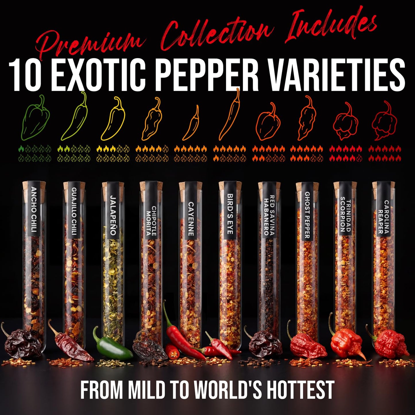 Dried Chili Pepper Flakes & Powder Variety Set – 10 Premium Varieties - Spice Set - Kitsy Box - 